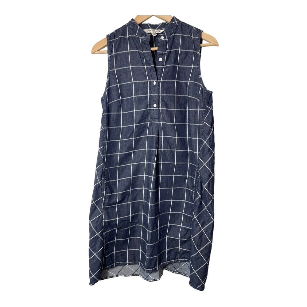 Max Studio Windowpane Plaid Dress Sleeveless Navy Blue Size Small Pockets Knee